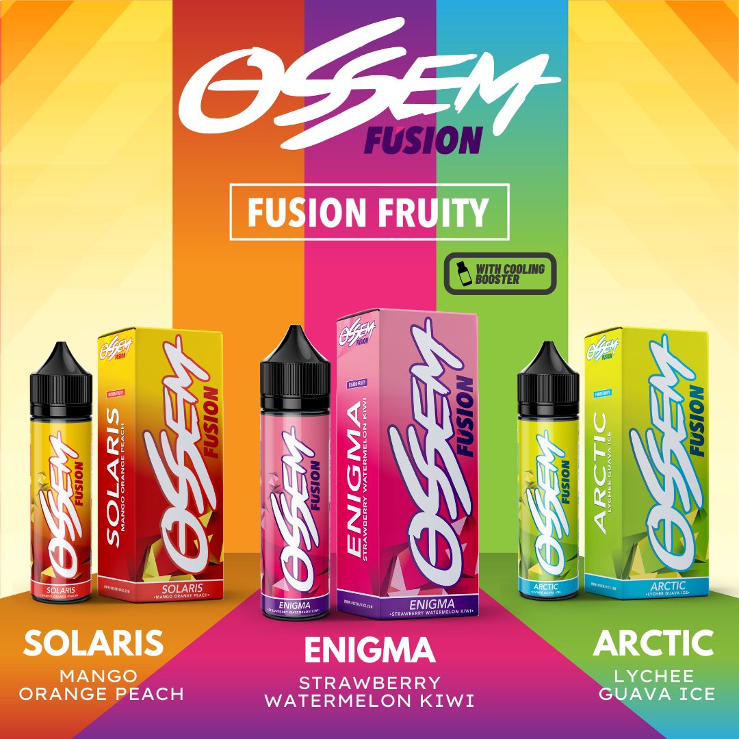 ossemjuice's tweet photo. Triple the flavours, triple the treat! 

Introducing our NEW LINE UP - OSSEM FUSION! With 3 amazing flavours, ENIGMA (Strawberry Watermelon Kiwi), SOLARIS (Mango Orange Peach) and ARCTIC (Lychee Guava Ice), these will be your new favourite go-to ejuices! 

#OssemJuice #vape https://t.co/bQJhl9ByoL