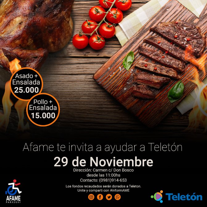 AfamePy's tweet photo. Gracias a @TeletonParaguay por ayudar a tantos niños con AME y a sus familias en su lucha diaria.
@AfamePy te invita a compartir un rico almuerzo y ayudar de esta manera a Teletón.
Unite, conoce y compartí con #informAME
Si luchamos, jugamos..
Contacto: https://t.co/TGHrOLHRpO https://t.co/GulWzqAloN