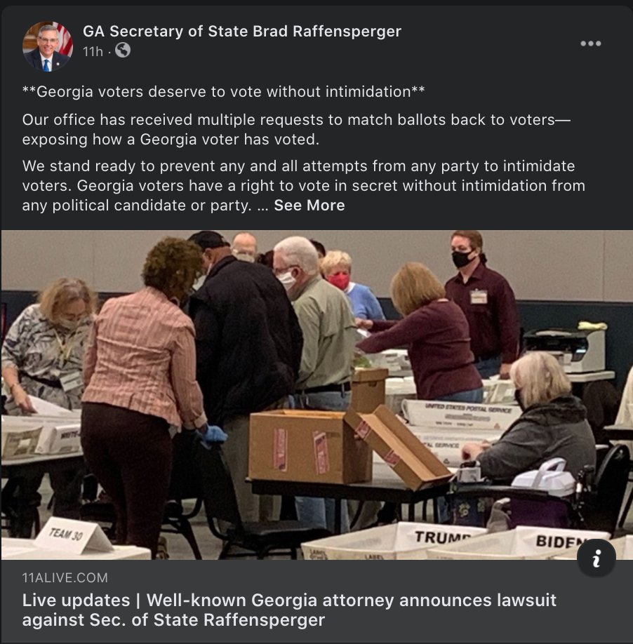 ...more from Georgia Republican Secretary of State Brad Raffensperger, who's faced an onslaught of (mostly evidence-free criticism) from fellow top Republicans as well as President Trump. Raffensperger refusing to step down after one of the smoothest elex in recent history.