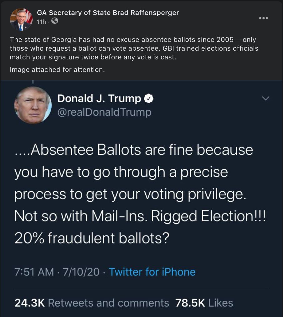...more from Georgia Republican Secretary of State Brad Raffensperger, who's faced an onslaught of (mostly evidence-free criticism) from fellow top Republicans as well as President Trump. Raffensperger refusing to step down after one of the smoothest elex in recent history.