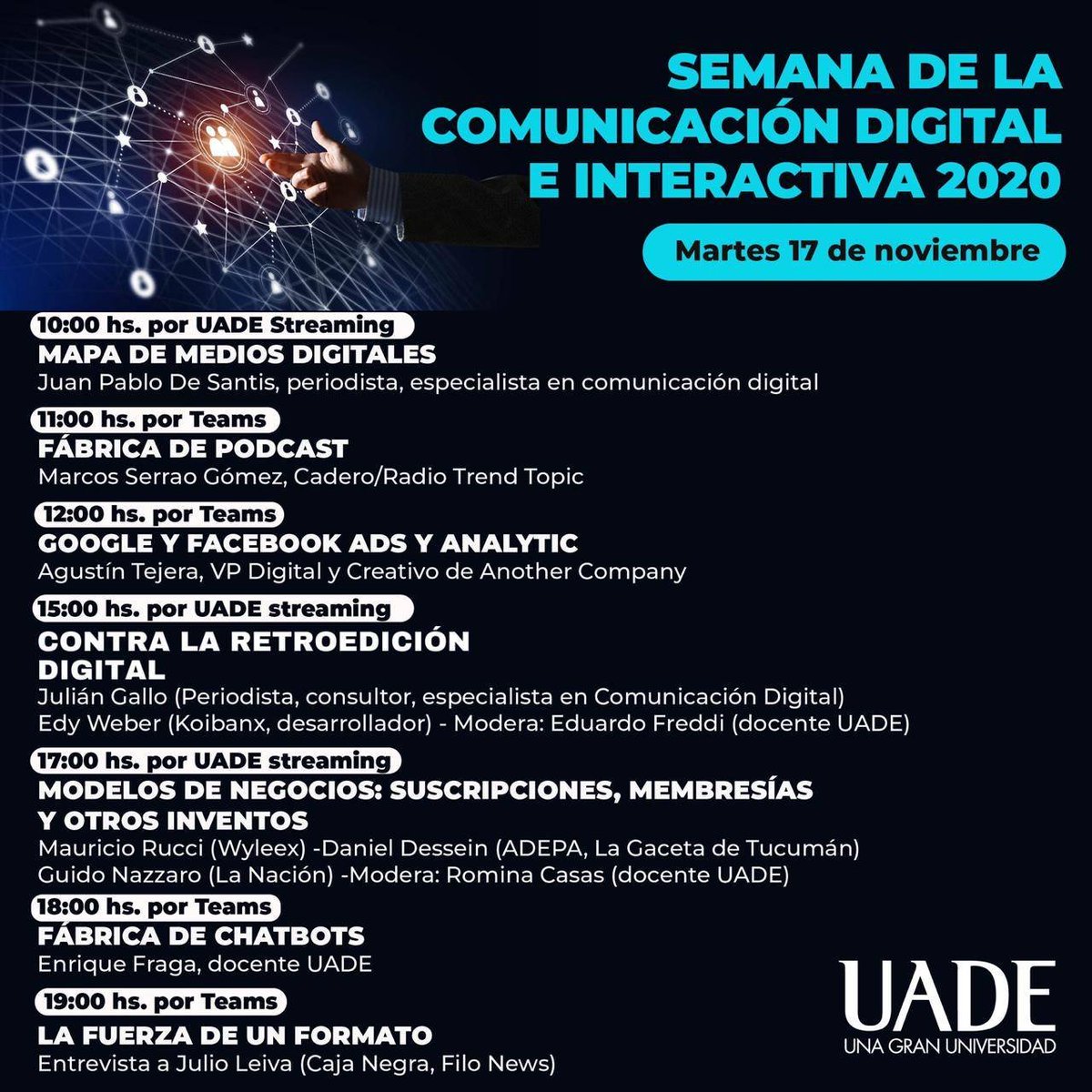 jcrettaz's tweet photo. #Ahora, empieza la II Semana de la Comunicación Digital e Interactiva de @UADEoficial Informes 👉 comunicaciondigital@uade.edu.ar #comunicaciondigitalUADE https://t.co/qyCwlYPUS9