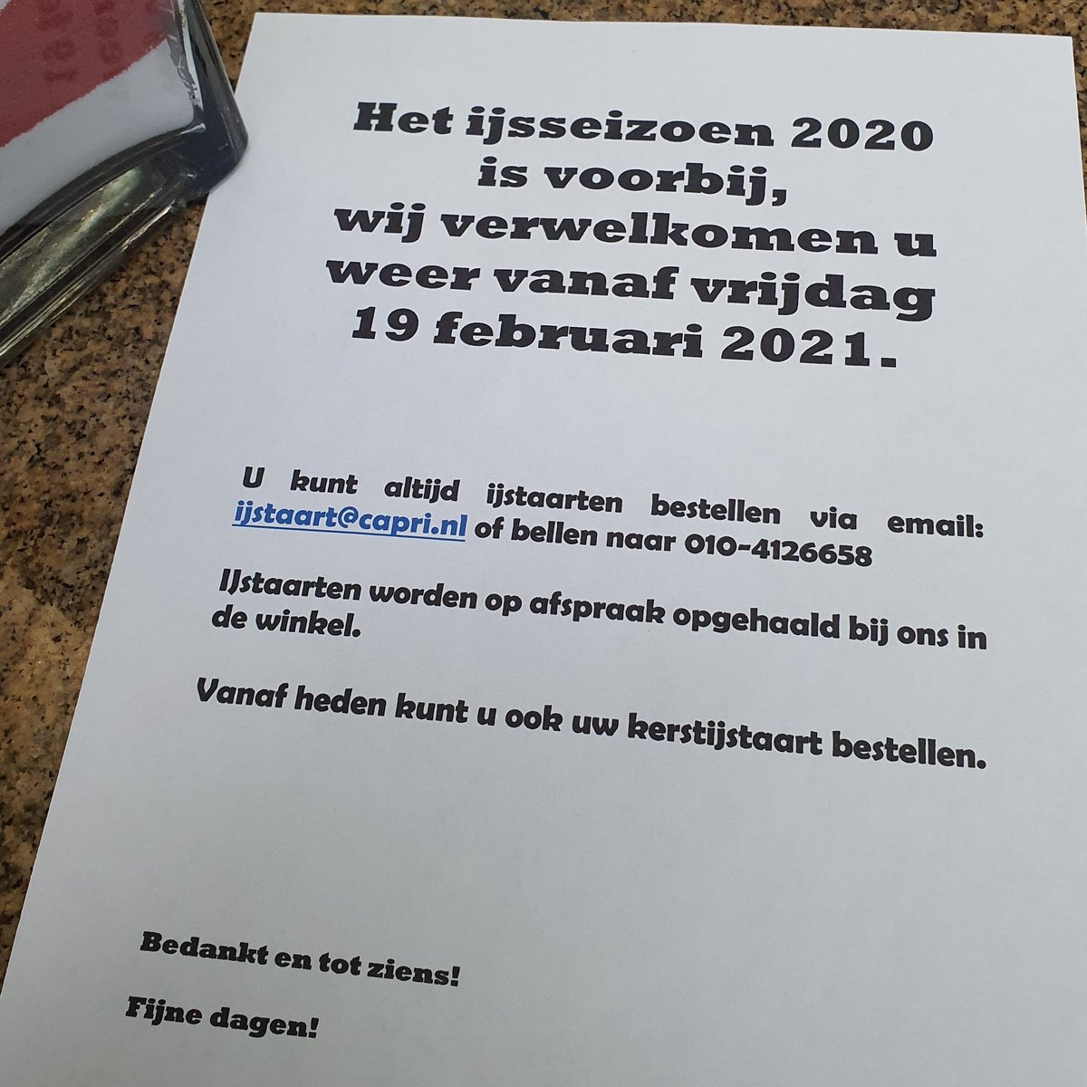 Winter sluiting Capri gaat nu in, wij zijn weer open in februari 2021. Ijstaart bestellen kan altijd, ook kerstijstaarten kunnen nu besteld worden. Ophalen op afspraak bij ons winkel Karel Doormaanstraat 334, Rotterdam. Bestellen via ijstaart@capri.nl of 010-4126658 / 0621950733