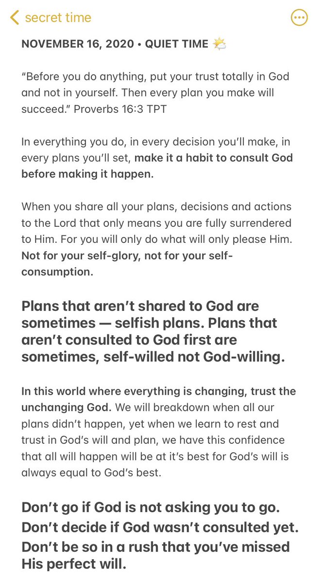 jirehmaniego_'s tweet photo. NOVEMBER 16, 2020 • QUIET TIME 🌤

“Don’t go if God is not asking you to go.
Don’t decide if God wasn’t consulted yet.
Don’t be so in a rush that you’ve missed His perfect will.” 😭🙌🏻 #Devotionals https://t.co/1ndYI8BJBC