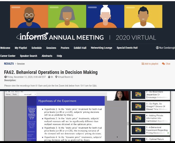 2020 yılı zorluklarla geçse de bölüm hocalarımızın akademik araştırmaları hızla devam ediyor. Nur Çavdaroğlu-Ayvaz hocamız sanal ortamda düzenlenen INFORMS konferansında bildirisini sundu.