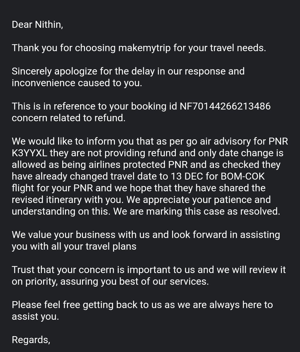 nidhyn's tweet photo. @goairlinesindia @makemytripcare  is this how u resolve a ticket? Who asked for a change in travel date. m I supposed to travel on your convenience. https://t.co/gceAcpqeS3