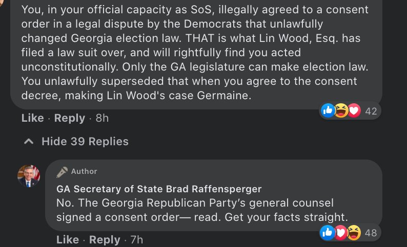 ...more from Georgia Republican Secretary of State Brad Raffensperger, who's faced an onslaught of (mostly evidence-free criticism) from fellow top Republicans as well as President Trump. Raffensperger refusing to step down after one of the smoothest elex in recent history.