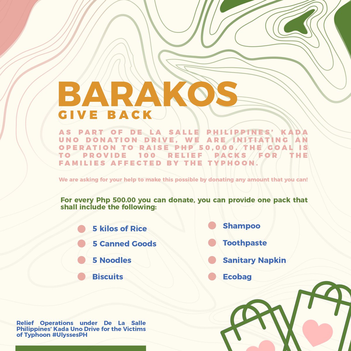 laudecha's tweet photo. Barakos, it’s our time to give back! 💪🏼

For every Php 500.00 you can donate, you can provide one pack to a family in Cagayan, Isabela, Bicol, Marikina and more. 💚

You can donate any amount on the accounts listed below. 
#CagayanNeedsHelp #BangonLuzon #RescuePH #UlyssesPH https://t.co/6tTzTAMSCS