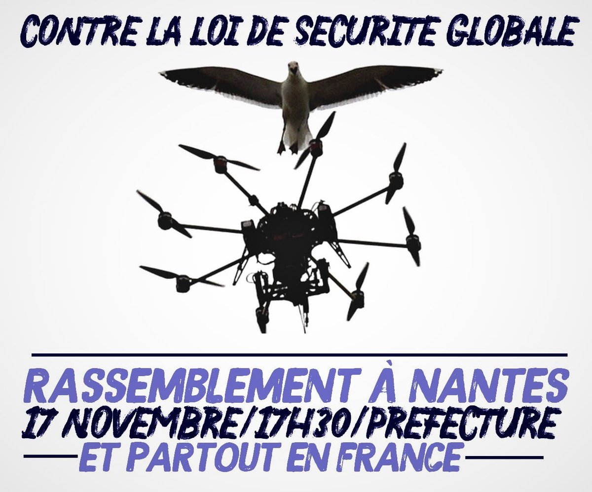 ContreAttaque_'s tweet photo. NANTES : RASSEMBLEMENT CONTRE LA LOI DE SÉCURITÉ GLOBALE DEMAIN MARDI

- 17 novembre, 17H30, devant la préfecture de Nantes -

#Sécurité #PPLSécuritéGlobale #PPLFauvergue #LeBruitDesBottes https://t.co/09MhVQa2Zv