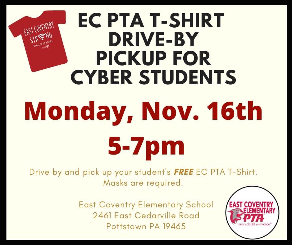 CoventryPta's tweet photo. Attention all cyber students!  Do not forget to pickup your FREE T-Shirt tonight Monday November 16th at the school from 5-7pm. @OJRSDEC https://t.co/TGkXRfwPaJ