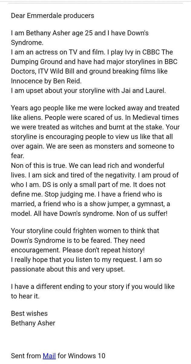 Dear @Emmerdale please read my email that I sent to you this morning. Please hear my voice. Please dont make things worse for us with #DownSyndrome @rachelmewes1982 <a href="/kenross2011/">Ken Ross OBE</a> <a href="/PortsmouthDSA/">Portsmouth Down Syndrome Association 💚</a> <a href="/PositiveaboutDS/">Down Syndrome UK | Positive About Down Syndrome</a> <a href="/dontscreenusout/">Don't Screen Us Out</a> #disabilityoptin