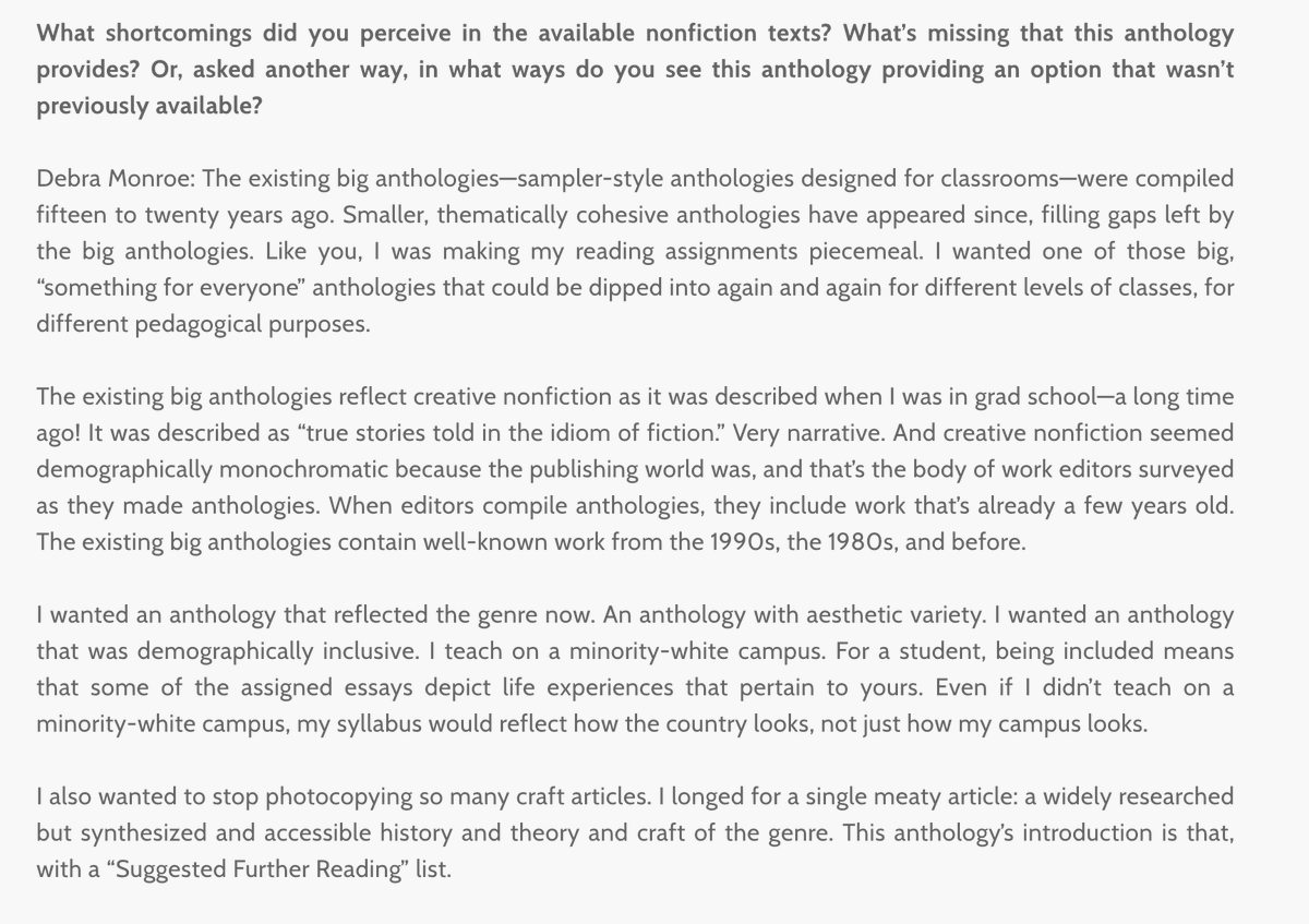 AssayJournal's tweet photo. Happy Monday, everybody! Today we celebrate this great interview with Debra Monroe by @HeidiCzerwiec
 about Monroe's anthology, Contemporary Creative Nonfiction from January 2020! #amreading #amwriting #assayinterviewproject

https://t.co/15IJTqeMKQ https://t.co/mKq1eYFFhP