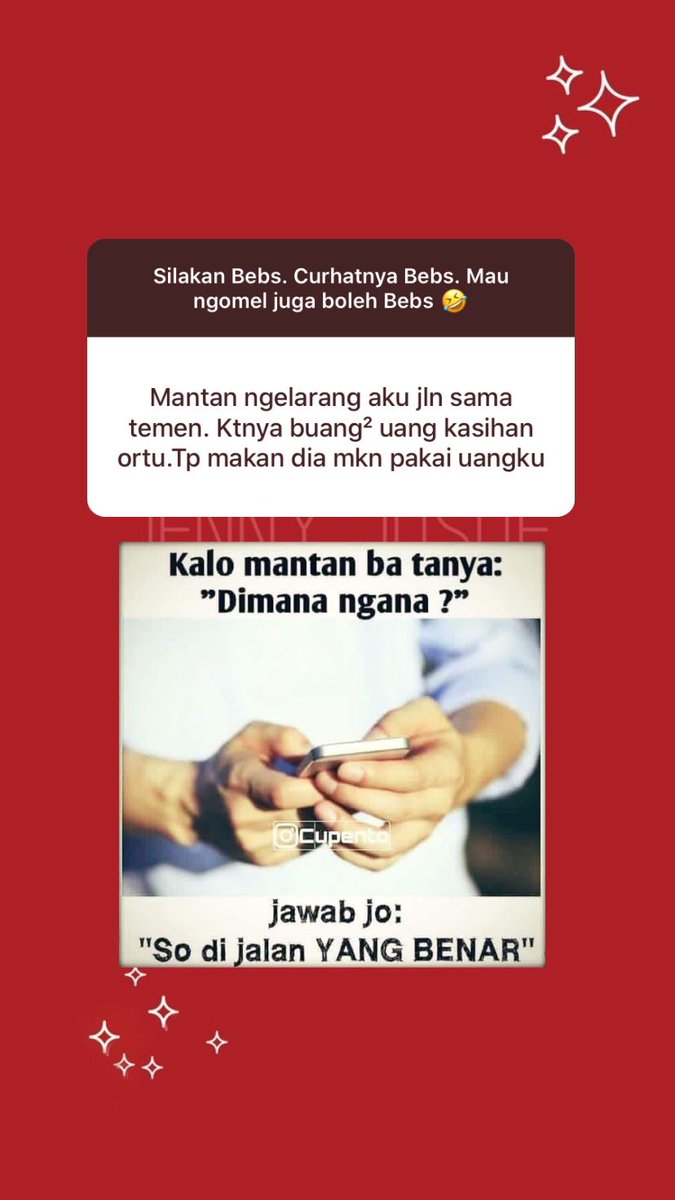 JennyJusuf's tweet photo. yang lagi butuh hiburan atau bosen baca berita yang isinya gitudeh 🙃 melipir aja ke stories akuh.

tema hari ini: MANTAN PELIT 🤣🤣🤣 https://t.co/1ZIfgCxb4O