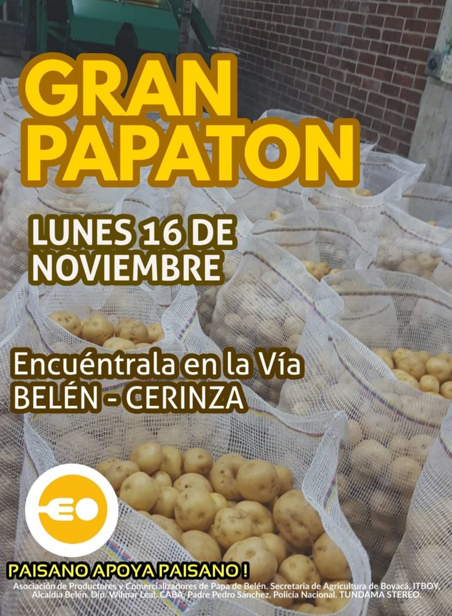 lugarcolombi's tweet photo. Hoy acompañamos la Gran PAPATÓN promovida por autoridades, productores, líderes y administración municipal de BELÉN. También podrán comprar la mejor papa en Peajes Tuta y Albarracín vía a Bogotá. Todos podemos ayudar. https://t.co/NdN3yUQXh5