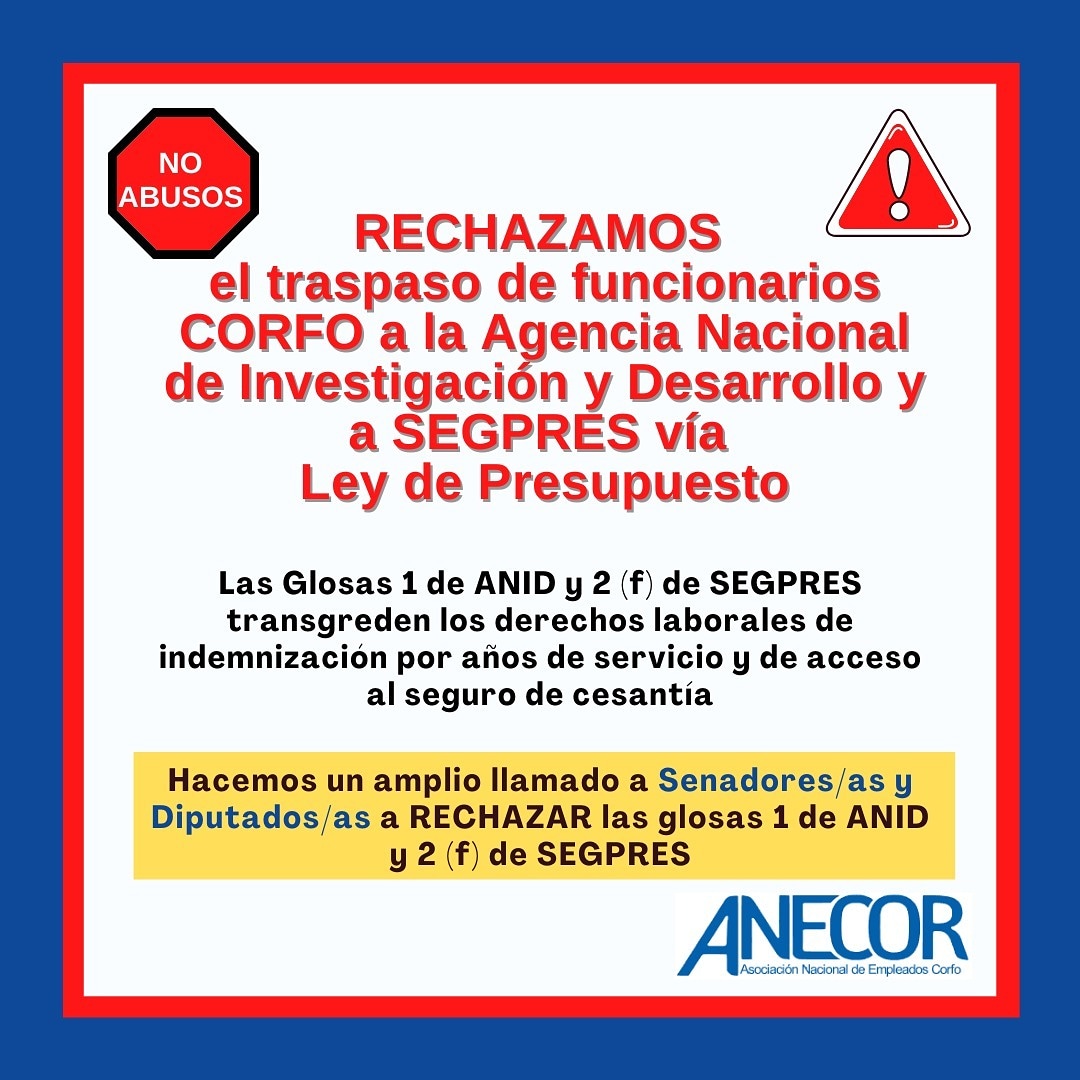Pese a los rechazos en subcomisión y mixta de presupuesto, DIPRES sigue intentando vulnerar los derechos de las y los funcionarios CORFO! NO al traspaso vía Ley de Presupuesto!
<a href="/anefchile/">ANEF</a>