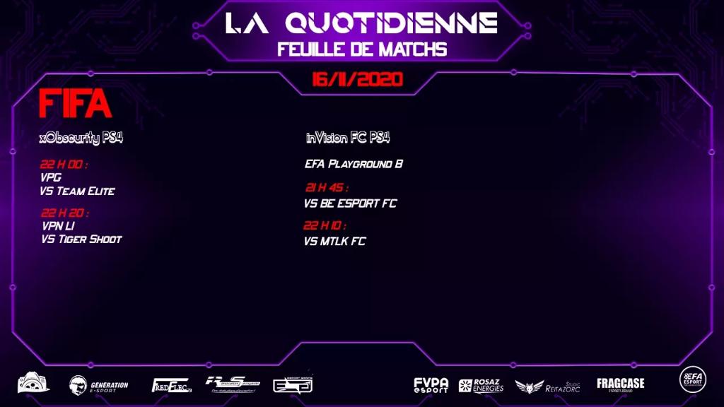 💥ANNONCE MATCHS💥

Au programme de cette journée, <a href="/inVisionFC/">inVision FC</a> affrontera @BEESPORT_FC et @MTLKmetaleak sur la compétition <a href="/eSportFA_FR/">ESPORT FOR ASSOCIATIONS</a> de 21h45 à 22h45.

En même temps, <a href="/xIVSxObscurity/">xDonkey_4x</a> affrontera TEAM ELITE et TIGER SHOOT de 22h à 23h.

Bon matchs à vous.