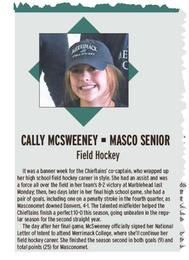 Congratulations to Lady Chieftain <a href="/callymcs23/">Cally</a> on her 
@salemnewssports Star of the Week selection. A nice honor to wrap up her high school field hockey career. On to <a href="/MerrimackFH/">Merrimack Field Hockey</a>! Way to go Cally! #WeAreMasco