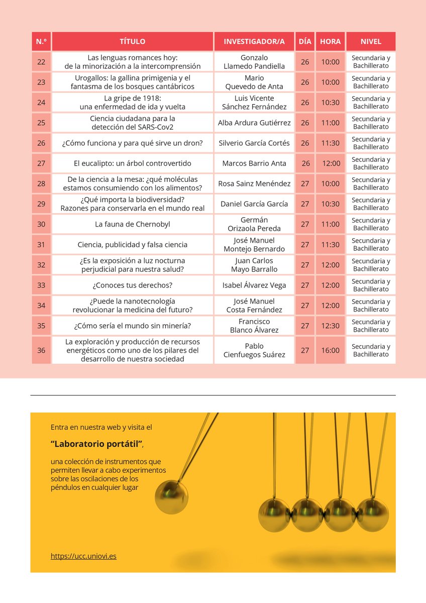 UOdivulga's tweet photo. Elegid hasta 5 de las 33 charlas ofertadas por nuestros científicos y científicas en el #DíaDeLaCienciaEnMiColegio 🤔Díficil decisión, lo sabemos... 😅
📅 Del 23 al 27 de noviembre
👉🏽Apuntaos en https://t.co/AiY5eF54Py
3/5 https://t.co/TLIgtCJMPI