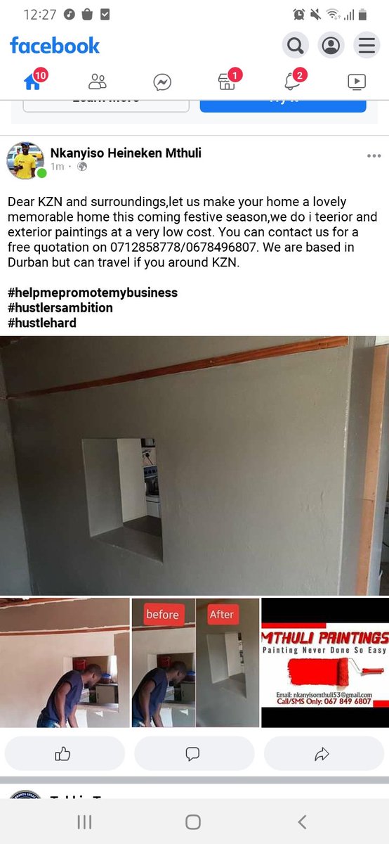 SboneloMthuli's tweet photo. We do interior and exterior paintings,we are based in KZN,Durban but can travel in and around KZN. You can whatspp us on 0712858778 fir a free quotation.

#helpmepromotemybusiness
#hustlestrong 
#HustlersPlatform https://t.co/IMeM13v61g
