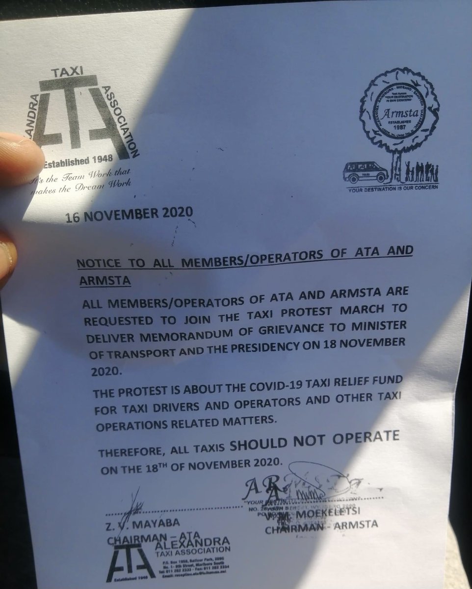 Update_ZA's tweet photo. #ARMSTA (Alexandra, Randburg, Midrand, Sandton Taxi Association) has announced a #TaxiStrike on the 18th of November as they want to deliver a memorandum of grievance to @MbalulaFikile regarding the #COVID19 taxi relief fund. https://t.co/Sp5b2QM5ov