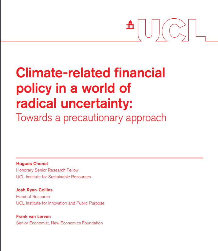 Big ‘unknown unknowns’ mean financial markets may not be able to accurately ‘price in’ climate risks. Relying solely on market-led approaches therefore risks both failing to manage financial risks and failing to ‘green’ flows within required timeframe.  https://www.ucl.ac.uk/bartlett/public-purpose/sites/public-purpose/files/iipp-wp-2019-13-climate-related-financial-policy-in-a-world-of-radical-undertainty-web.pdf