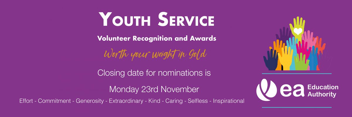 EA AWARDS: The @Ed_Authority Youth Service have now opened nominations for this year’s Volunteer Recognition and Awards “Worth their Weight in Gold”. Due to Covid-19, the awards will be celebrated throughout December as opposed to an event. Read more here: bit.ly/32A765C