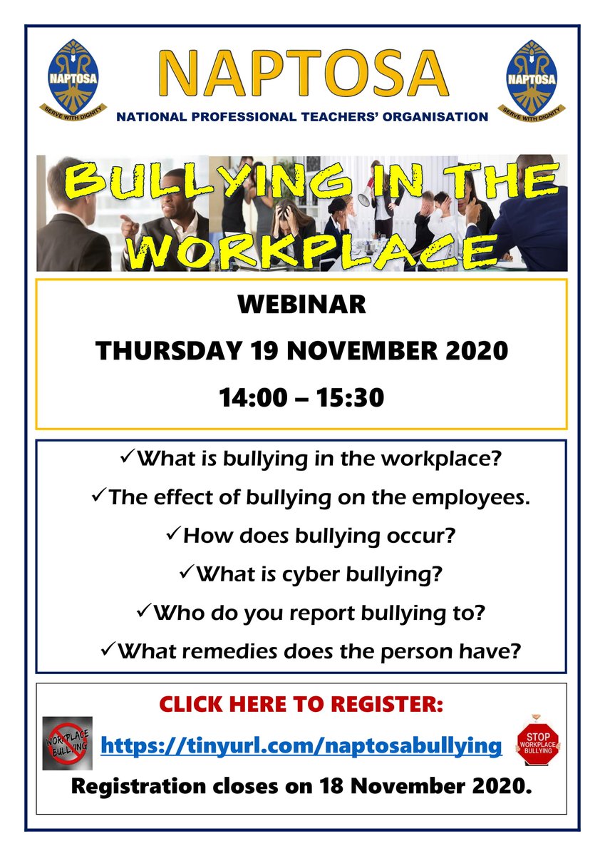 Harassment and bullying in the workplace can impact an employee's psychological safety and the overall psychological health and safety of the workplace. To join our Bullying in the workplace webinar please use the link 👇
tinyurl.com/naptosabullying