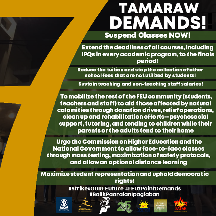Anakbayan_FEU's tweet photo. Now more than ever, we #Strike4OurFEUture

Read the full statement: https://t.co/TXAoeBwHQ7
Sign the petition: https://t.co/4ZAxlaceWb

#Strike4OurFEUture 
#UbeltAsONE 
#7PointDemandsFEU 
#PowerToTheStudents 
#BalikPaaralanIpaglaban https://t.co/vVTPXwqTu4