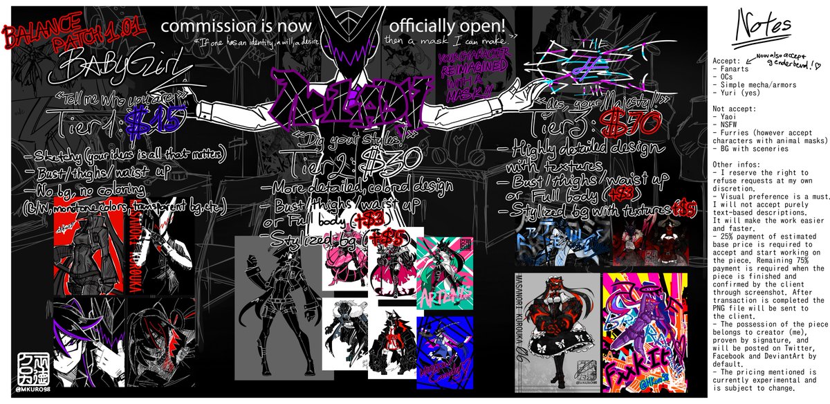 COMMISSION IS OPEN. I'm opening 5 more slots this week first come first serve
Balance Patch 1.01 yes look at all these scribble shts
- T1 price reduce from $20 to $15 (pfft big deal)
- T3 price increase from $50 to $70 (because T3 pain peko)
- Full body to 3$, BG to 5$ both T2/3