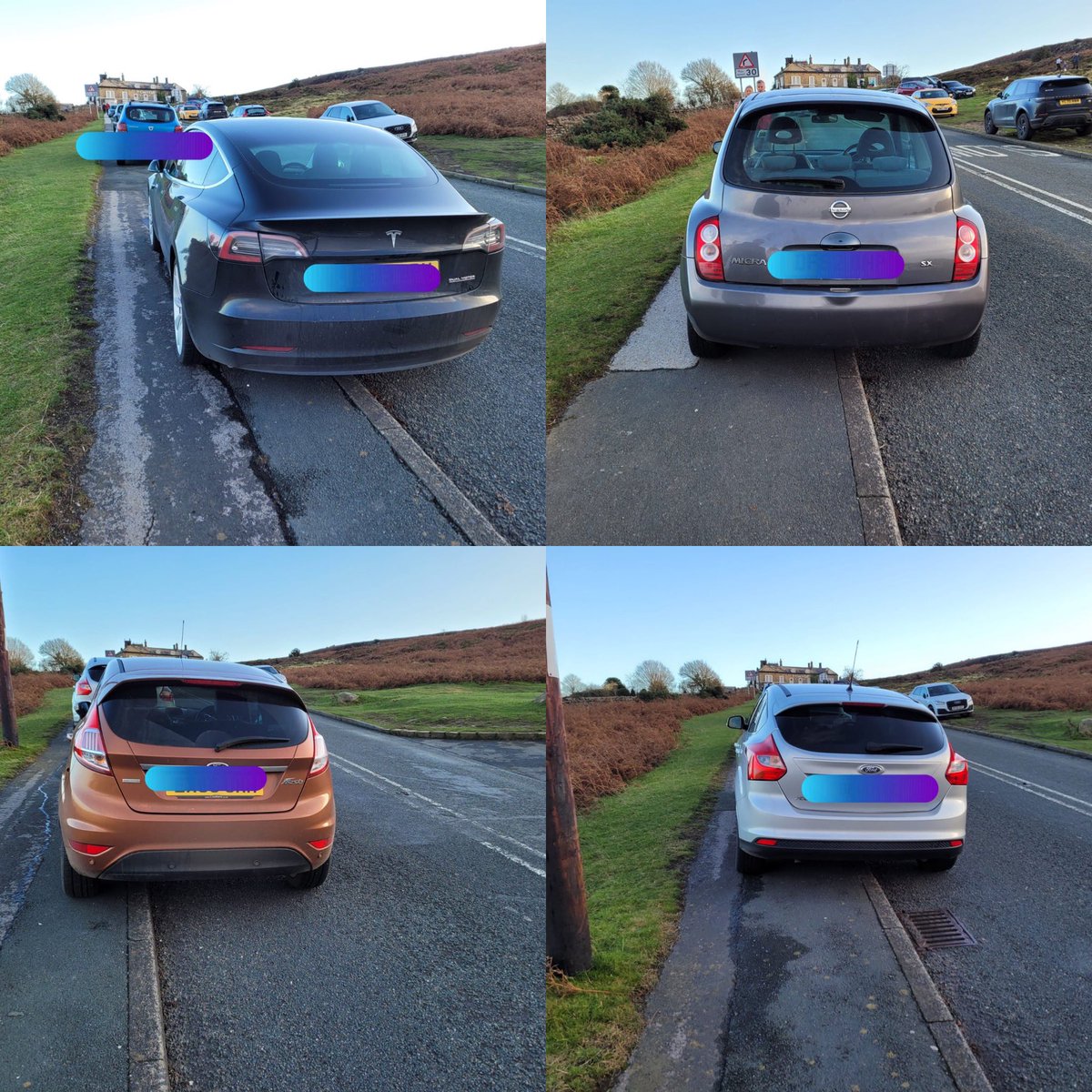 WYP_Ilkley's tweet photo. We understand how lovely Ilkley Moor is but this weekend we have issued 12 fixed penalty notices as the parking is dangerous and puts lives at risk. Maybe consider adding 1/2 mile to your walk and parking further away https://t.co/6j0LpYzlHM