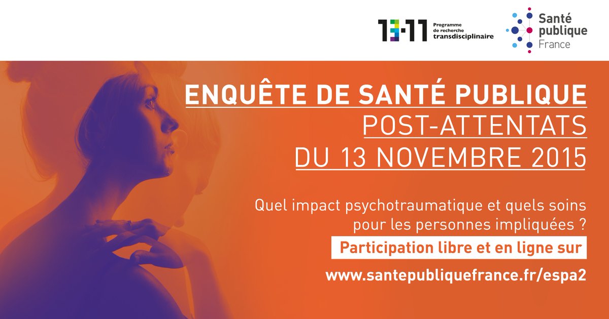 maude_marillier's tweet photo. LANCEMENT #ESPA13novembre
Enquête de Santé Publique Post #Attentats #ESPA2.
Quel impact #psychotraumatique à 5 ans et quels suivis pour les #victimes ?
Participer c’est aider à améliorer la prise en charge. https://t.co/TXDlFUfIl3
@FENVAC @afvt_org @13onze15 @lifeforparis https://t.co/uj7gfDf32w