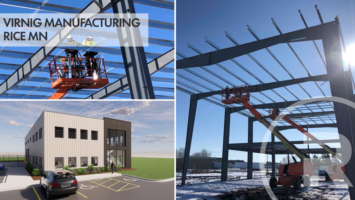 RiceCompanies's tweet photo. Our crews are hard at work setting the #Butlerbuilding steel for the new Virnig Manufacturing engineering facility in Rice, MN. https://t.co/3cjghYlwFX
#DesignBuild #Butlerbuilder #construction https://t.co/l6ZkU3F9HJ