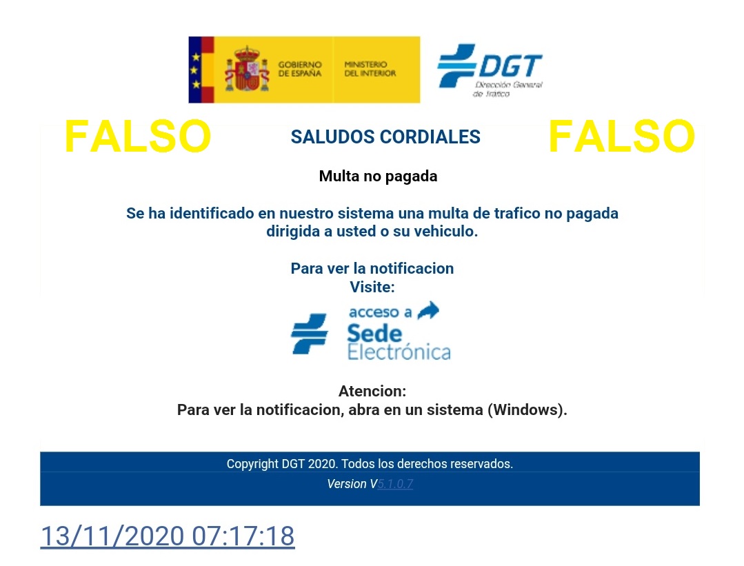 De nuevo se ha detectado una comunicación #falsa #phising #fraude que llega a través de email con una falsa multa de #DGT. 

✖️No piques, elimínalo directamente🗑️, no pinches en ningún enlace. #DGT comunica las sanciones por correo postal o Sede Electrónica, NUNCA así 👇.