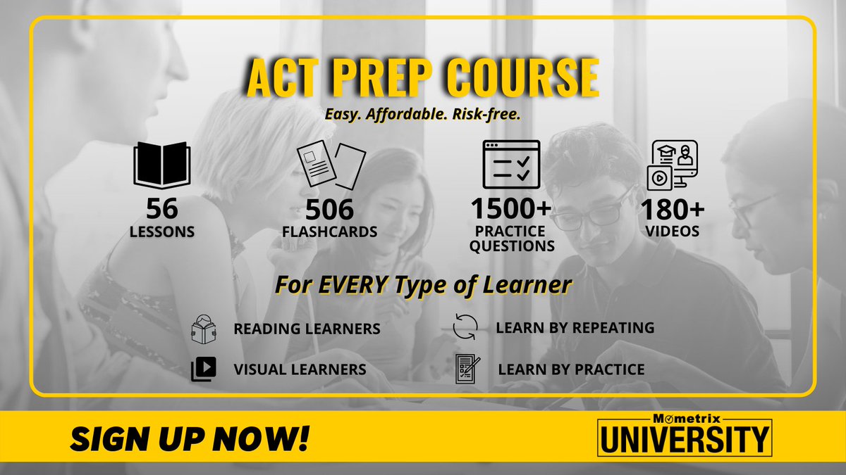 Mometrix's tweet image. Have you been searching for an ACT preparation course? #Mometrix University has the one for you! It's easy, affordable, and risk-free.
Interested? mometrix.com/university/act/
#PrepThatEmpowers