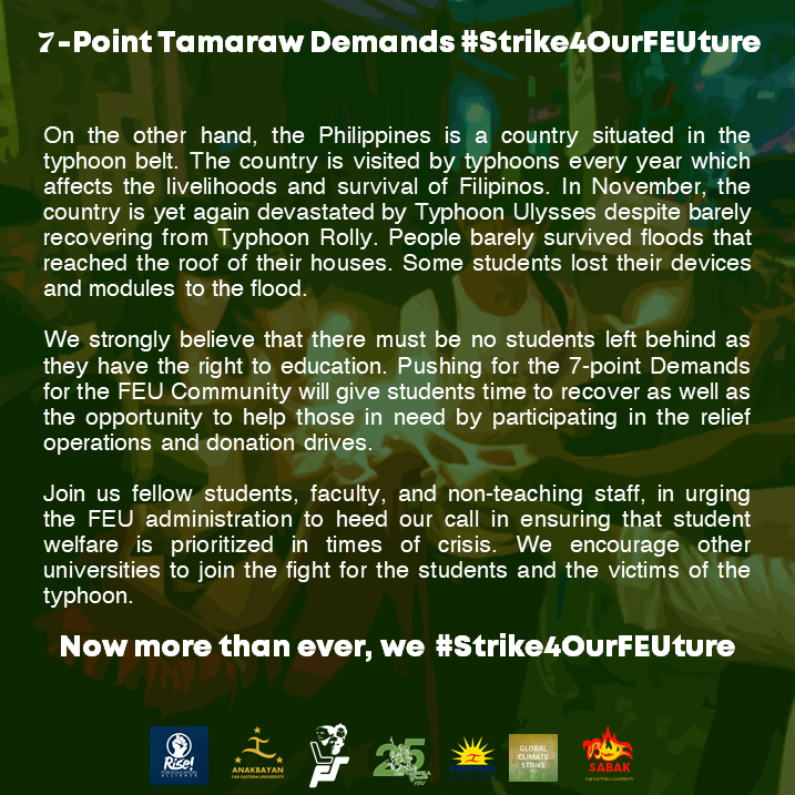 Anakbayan_FEU's tweet photo. Now more than ever, we #Strike4OurFEUture

Read the full statement: https://t.co/TXAoeBwHQ7
Sign the petition: https://t.co/4ZAxlaceWb

#Strike4OurFEUture 
#UbeltAsONE 
#7PointDemandsFEU 
#PowerToTheStudents 
#BalikPaaralanIpaglaban https://t.co/vVTPXwqTu4