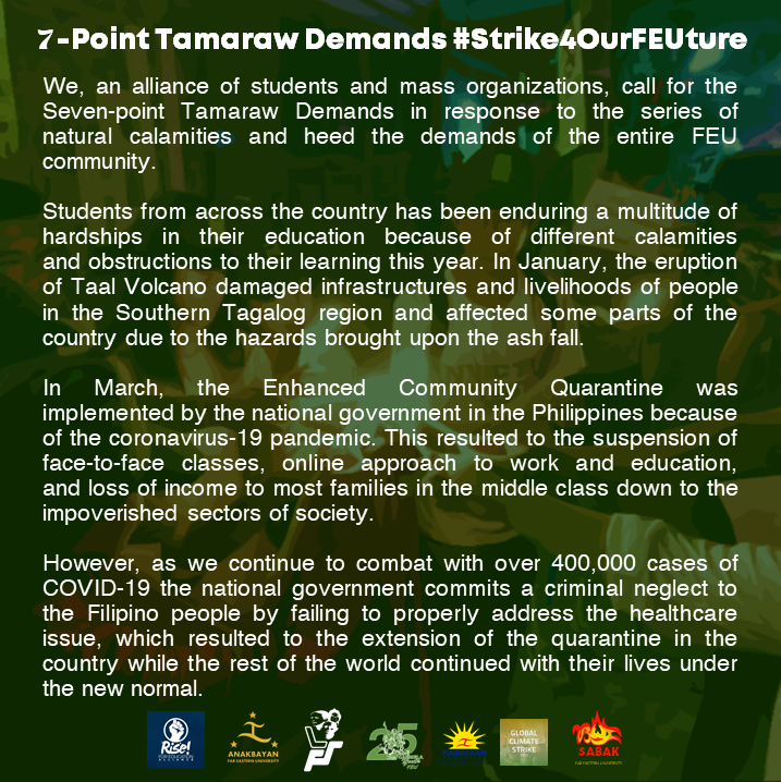 Anakbayan_FEU's tweet photo. Now more than ever, we #Strike4OurFEUture

Read the full statement: https://t.co/TXAoeBwHQ7
Sign the petition: https://t.co/4ZAxlaceWb

#Strike4OurFEUture 
#UbeltAsONE 
#7PointDemandsFEU 
#PowerToTheStudents 
#BalikPaaralanIpaglaban https://t.co/vVTPXwqTu4
