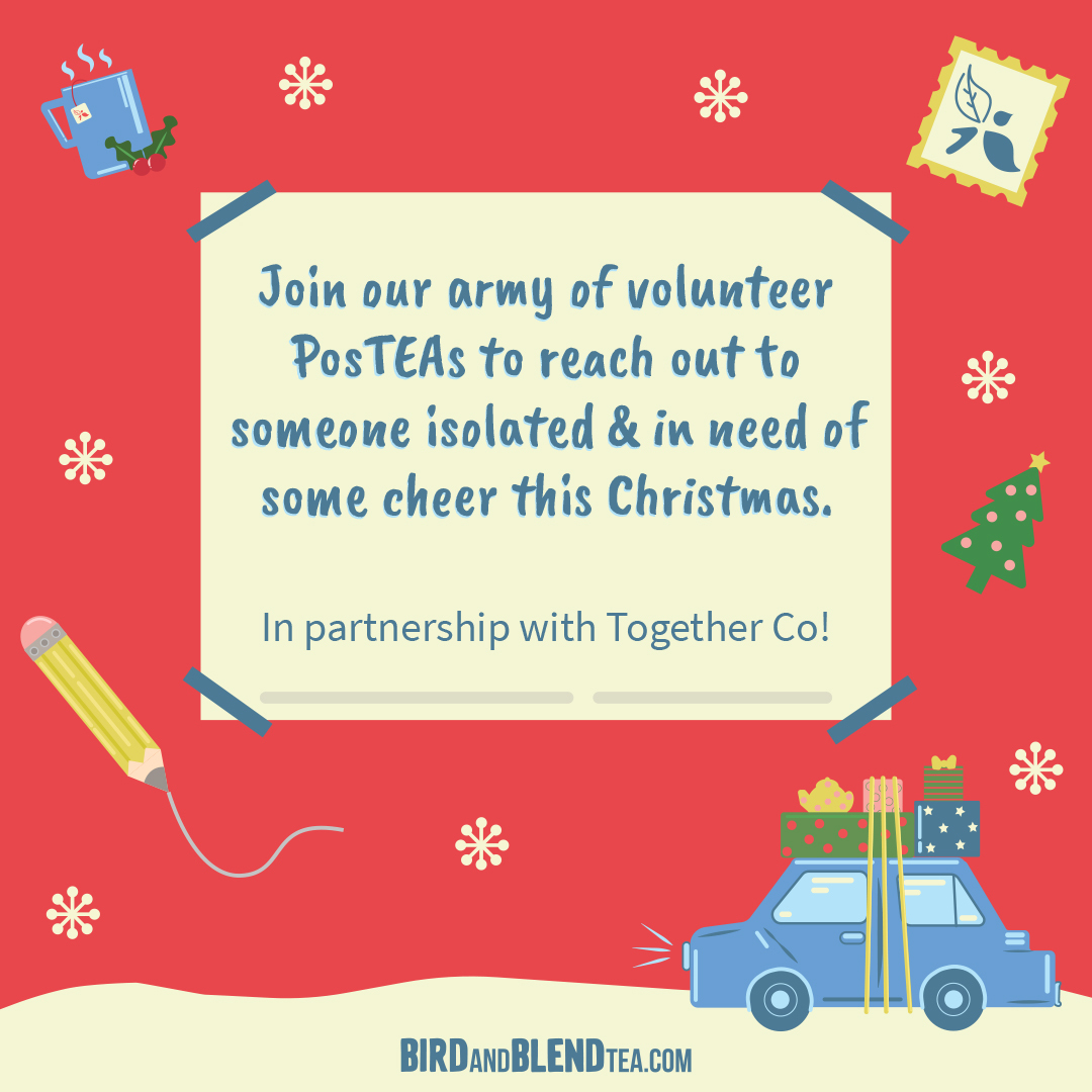 BirdandBlendTea's tweet photo. Fancy spreading some #Christmas cheer? 🎄💌
Will you join our army of #PosTEAs and write to someone isolated? Click the link below for your last chance to sign up! https://t.co/6P7IyKiZuS @HelloTogetherCo https://t.co/9ifBOtewVT