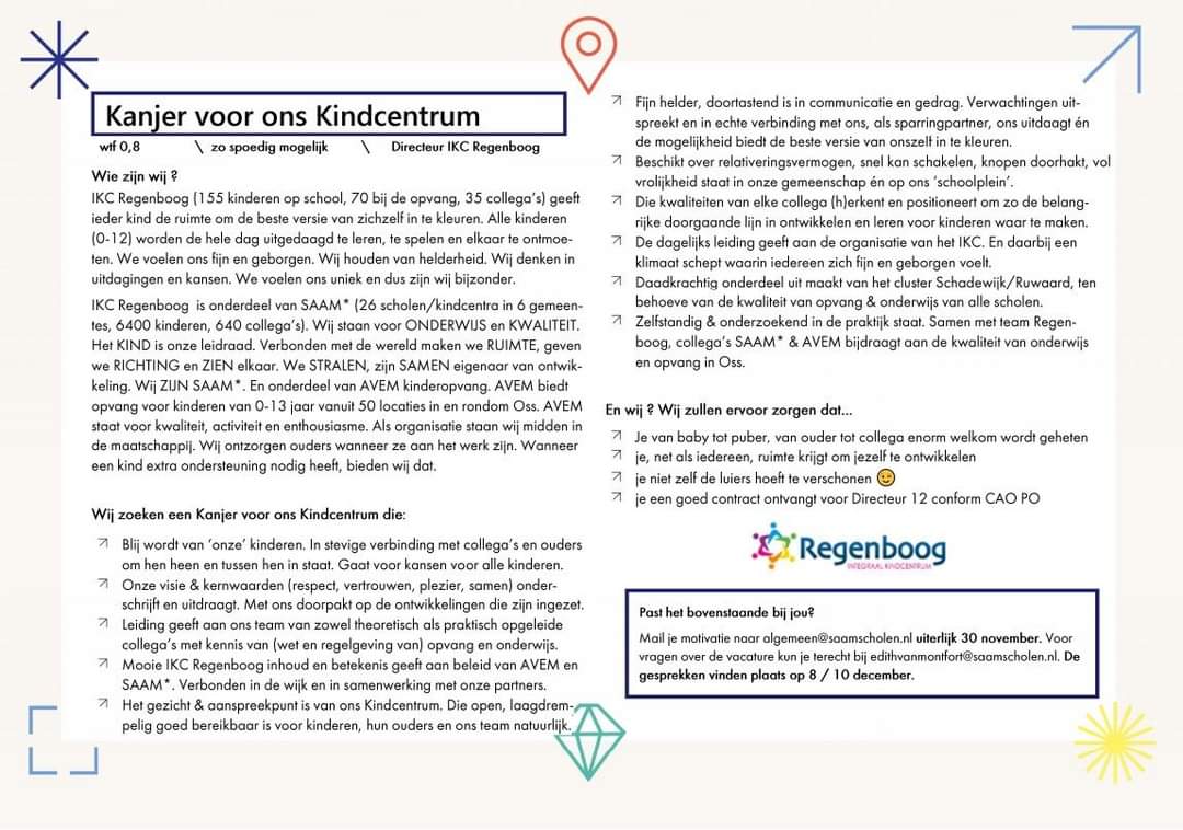 Ramon_Oss's tweet photo. IKC Regenboog zoekt een: 𝙆𝙖𝙣𝙟𝙚𝙧 𝙫𝙤𝙤𝙧 𝙤𝙣𝙨  𝙠𝙞𝙣𝙙𝙘𝙚𝙣𝙩𝙧𝙪𝙢 !

Wij zoeken een directeur!
Ben jij Enthousiast? Meer info 👇 #vacature #saamscholen #ikcregenboog #oss @IKCRegenboogOss

https://t.co/pLCOTZNndP https://t.co/NcyjXlN01v