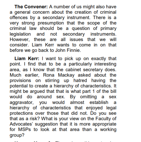 We are incredibly concerned that misapprehensions on the part of Mr Yousaf may lead to the decision on sex as an aggravating factor being delegated to an unelected - and potentially unrepresentative - working group rather than MSPs.  @liamkerrMSP &  @Liam4Orkney picked up on this.