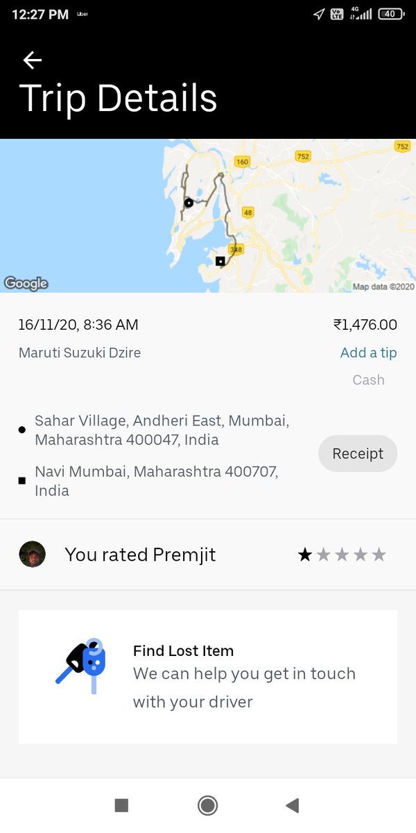 ca_akanksha15's tweet photo. @Uber @Uber_India @Uber_Support
#UberIsNotSafe
I started from terminal 2 of Mumbai airport today at 8.36am in Uber cab and as you can see from the picture, it took 4hours for the driver to reach upto Navi Mumbai, when there was no traffic no diversion 1/n https://t.co/R9i4shNFVg