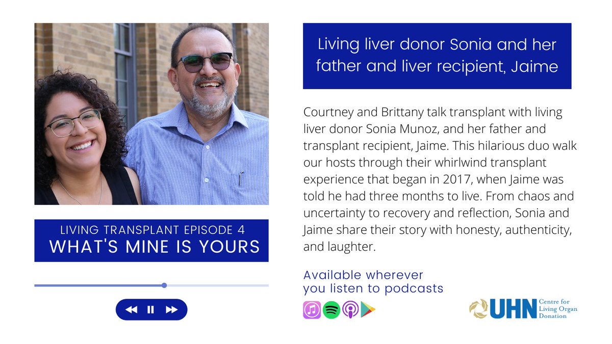 GiveLifeUHN's tweet photo. 💙NEW EPISODE💙 of Living Transplant out today! Listen to "What's Mine is Yours" wherever you listen to podcasts, and at https://t.co/eIYvPzkHhX
#LivingTx #Livertransplant @UHNTransplant @UHN @CdnLiverFdtn https://t.co/KteZNRFDWQ