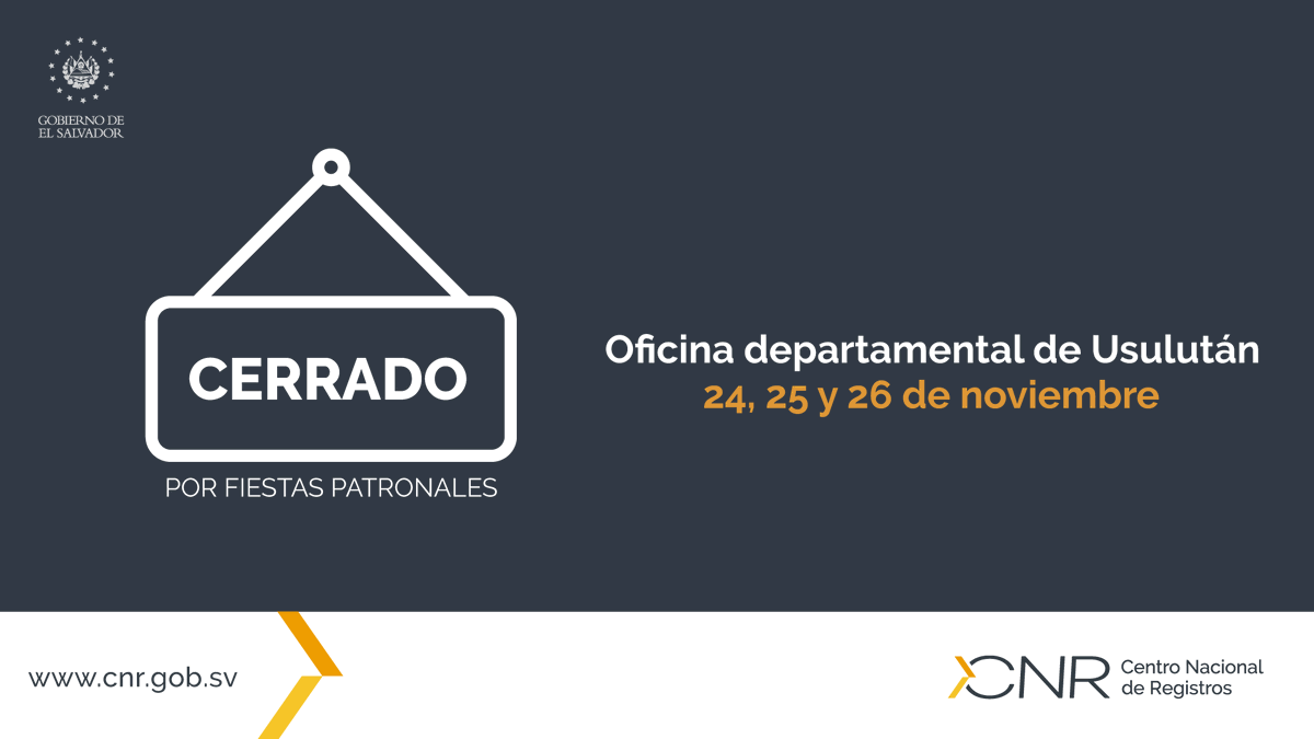 CNRSV's tweet photo. 🛑AVISO IMPORTANTE🛑                                               
La oficina de Usulután estará cerrada por motivo de las fiestas patronales en honor a Santa Catalina de Alejandría, desde el martes 24 a jueves 26 de noviembre; reanudando labores el día viernes 27 de noviembre. https://t.co/6bOvQmNFGI