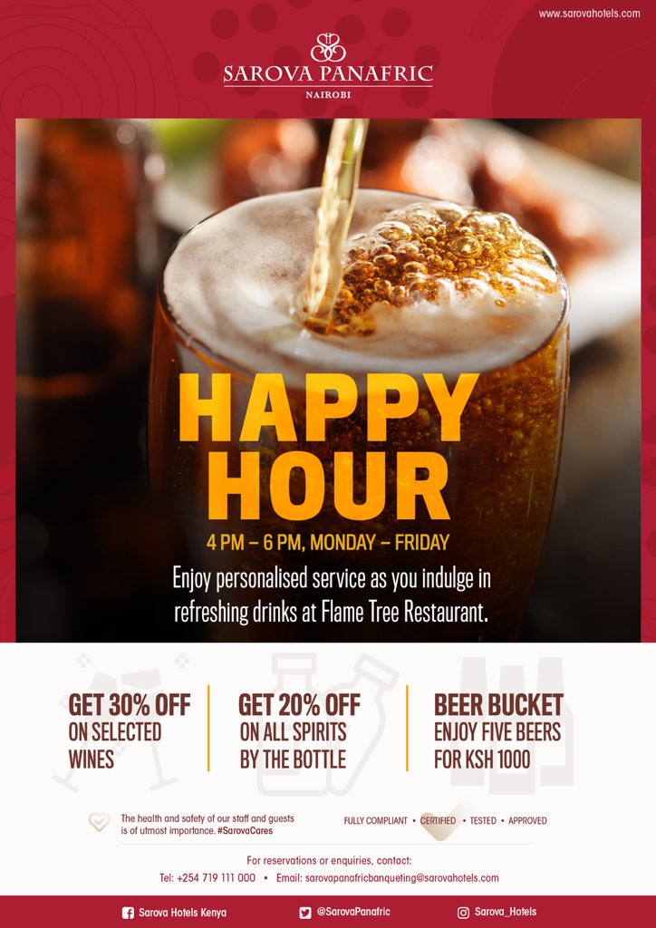 Did you know that everyday from 4pm-6pm, we have a happy hour offer at Flame tree restaurant? Join us for this offer available everyday from Monday-Friday!