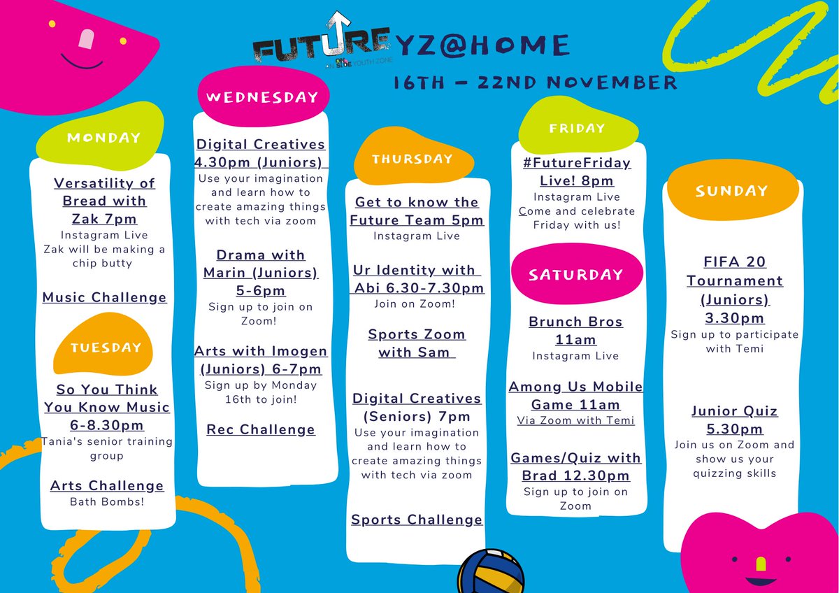 futureyz's tweet photo. Check out what we have on for you this week! Make sure to sign up via DM or email enquiries@futureyouthzone.org
#YZatHome #FutureFunAtHome https://t.co/qpD4QSoG0M
