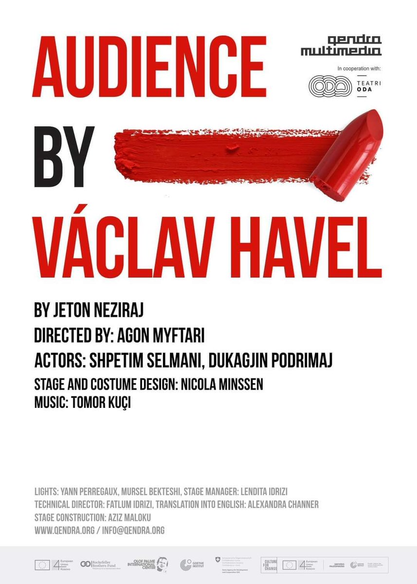 aurela_kadriu's tweet photo. @qendramm NEW PRODUCTION ALERT! 

Audience by Vaclav Havel by Jeton Neziraj directed by @MyftariAgon 

Premiere: November 18, 2020 @ ODA Theatre (Prishtinë), 16:00. https://t.co/bwgYZ4dIjZ