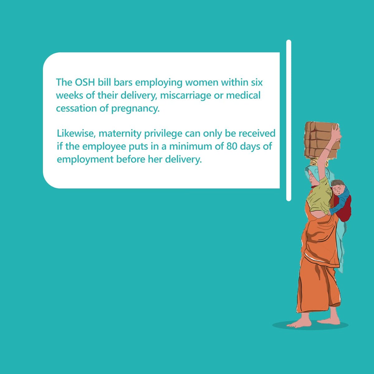 Tafteesh_IND's tweet image. According to the OSH Bill, women can’t be employed within 6 weeks of their delivery, miscarriage or medical end to pregnancy. What do you think about this? #letstalklabour #labourcodes2020
#womenrights #maternityleave #oshbill #labourcodes #labourrights