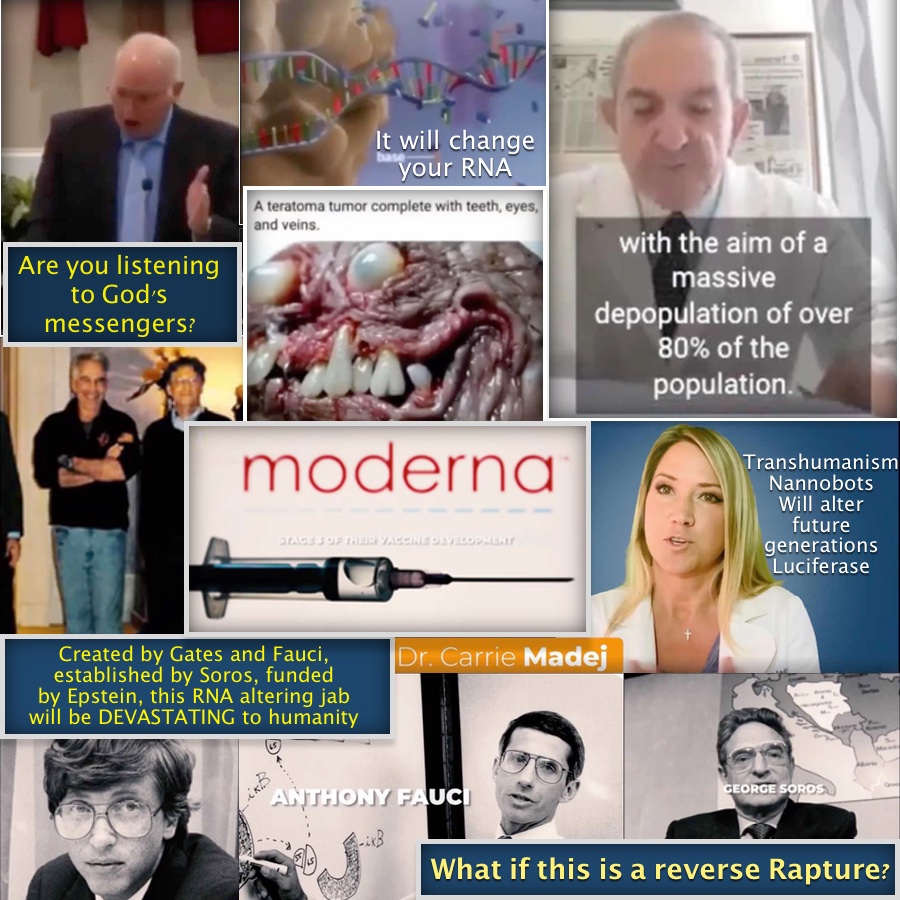 This is the one that the doctors are all warning is a  #rna altering,  #transhumanism causing disaster most linked to  #depopulation. The videos featured in this meme might still be available to view, though Tech is trying to silence these doctors. Check storm. qm dot news