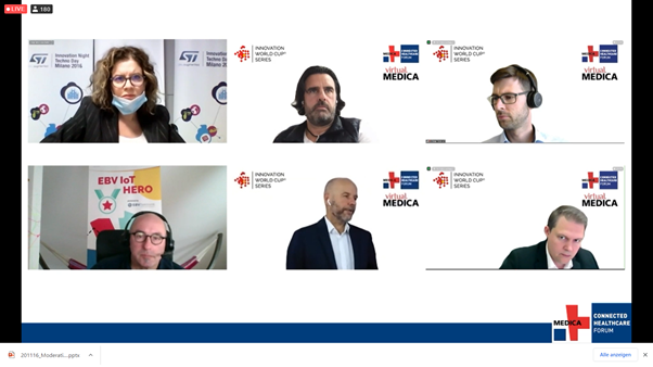IWCNavispace's tweet photo. .@ST_World @we_online @TomStartYouUp @EBVElektronik @Microtronics #VARTAMicrobattery masterminds asking wise questions to the TOP12 Internet of Medical Things Techpreneurs 2020! Follow the pitch and award ceremony at virtual.@MEDICATradeFair to e-meet the winner! #iomt #pitches https://t.co/ccIF42kLAP