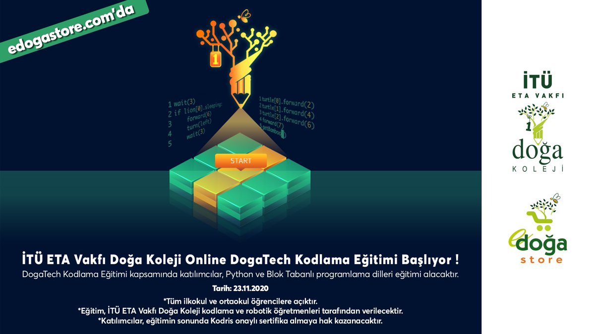 Kodlamaya ilgi duyan ve kendini geliştirmek isteyen tüm ilkokul ve ortaokul öğrencileri için gerçekleştireceğimiz “DogaTech Kodlama Eğitimi” 23 Kasım 2020 haftası başlıyor!
Bilgi ve katılım için; bit.ly/2K8WHat