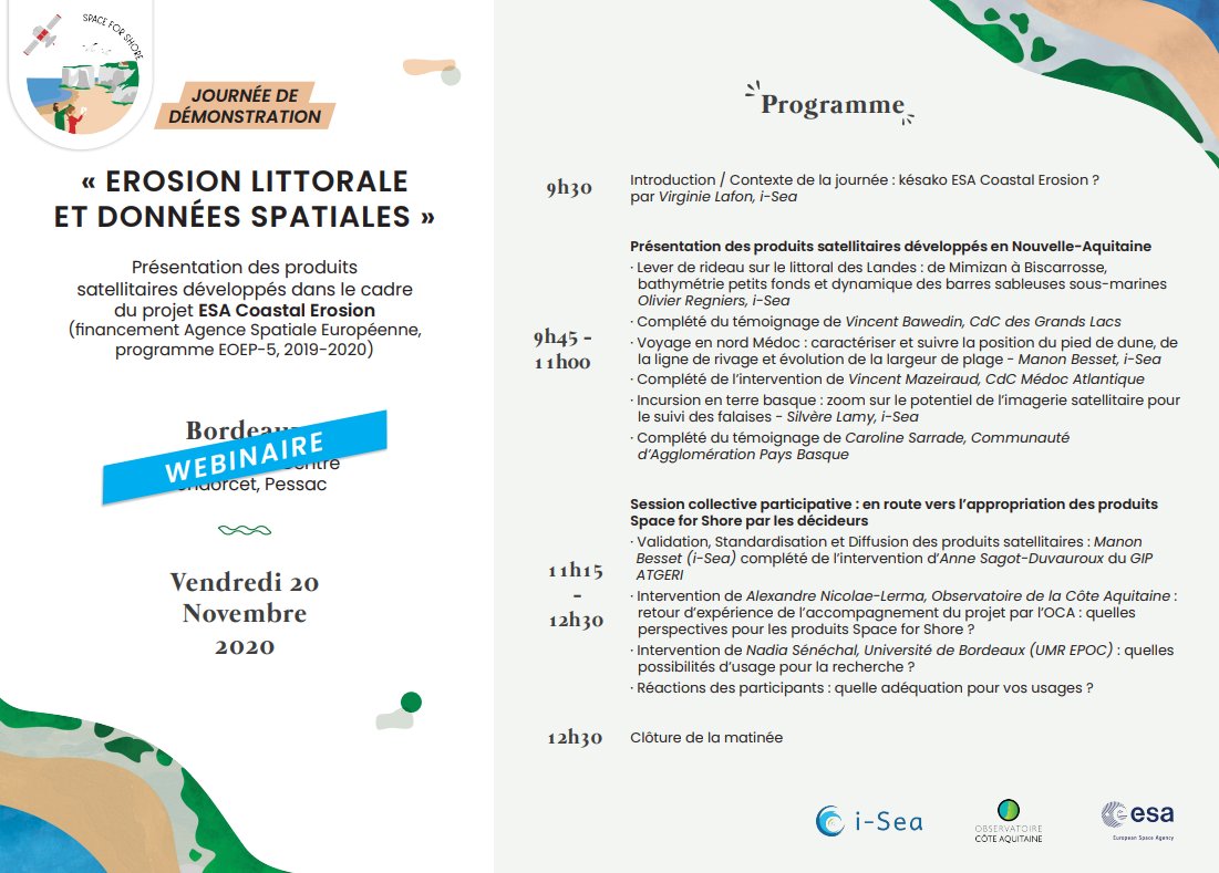 iSeaNews's tweet photo. #SpaceForShore 2nd Journée de démo France #Erosion #littorale &amp; Données #Spatiales, à destination des gestionnaires du #Littoral de la façade Atlantique 🛰️🌊
Webinaire 20/11. #satellite #traitdecote #bathymétrie
=> Inscription https://t.co/pG0ESDmErG https://t.co/mkyFABNqAf