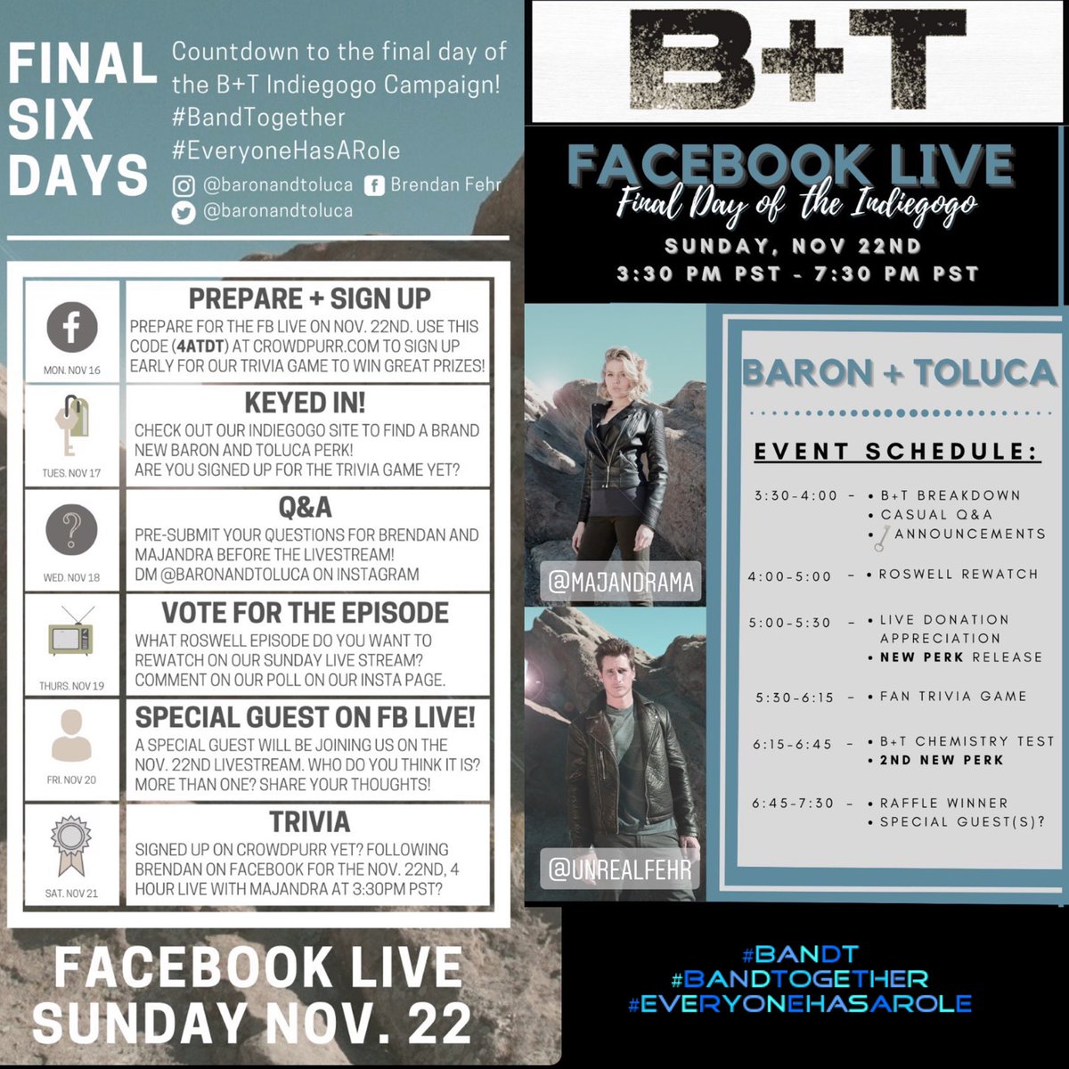 aurel5701's tweet photo. Dear #Dans , you're all invited to the final twist this week! The #indiegogo campaign is ending Sunday November 22nd so here's the schedule! #BandT #BaronandToluca #MajandraDelfino #BrendanFehr #ItsaDANthing #Roswell #Roswellians #everyonehasarole #iykyk #FromRoswelltoBandT https://t.co/aoVwGF8ziM